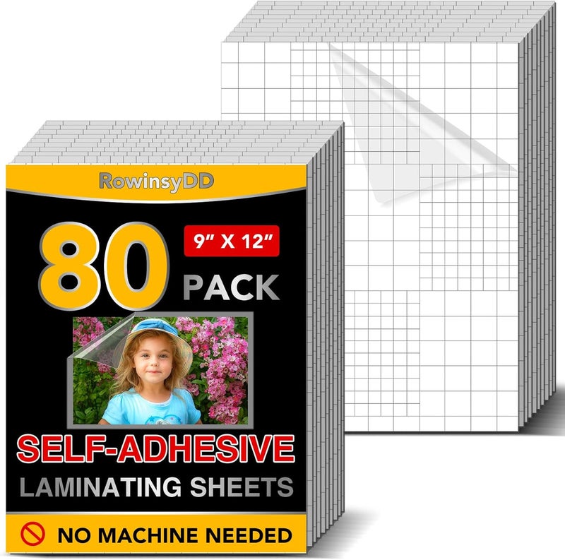 RowinsyDD 80 PCS Self-Adhesive Laminating Sheets, 9 x 12 Inches Clear Laminating Sheets No Machine Needed Self Sealing Laminate Sheets - Image 1